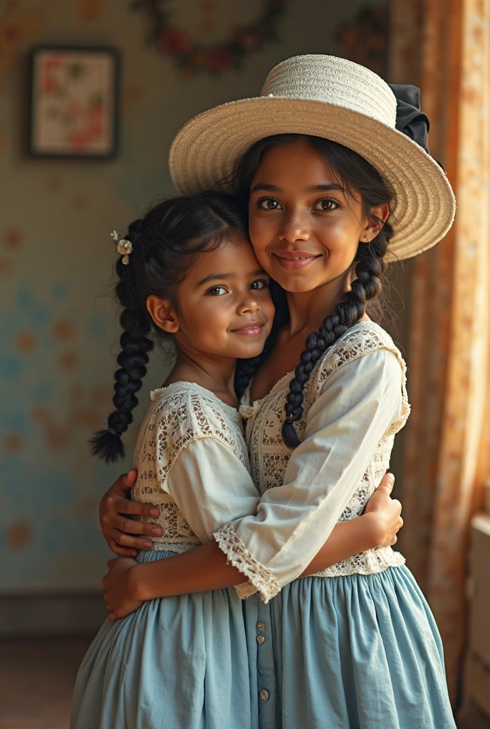 estilo russo, Girl children, retrato , DARK long hair braids with hat, estilo fazendeira, com rolos de feno e trigo e cavalo, Celeiros, Laranjas.