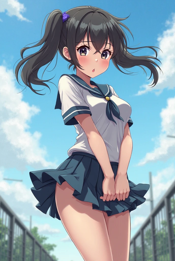 (Highest quality:1.2, Manga works, Manga style, Very detailed, Latest, Vibrant, digital coloring, High Contrast, masterpiece:1.2, Highest quality, Best aesthetics, There is), ((( 1 female:1.2))), Black Hair, Random hairstyle、Gradient Hair, Reddish brown eyes,(Sailor suit、White shirt、Pleated skirt、Cute panties:1.2)、necklace, Beautiful thighs, loafers、Open your mouth, smile, Random sexy poses, Cowboy Shot, Simple Background.Voluptuous bust、Camel Toe、Night view、Streetscape、Skirt gets flipped up、Panty shot、From below