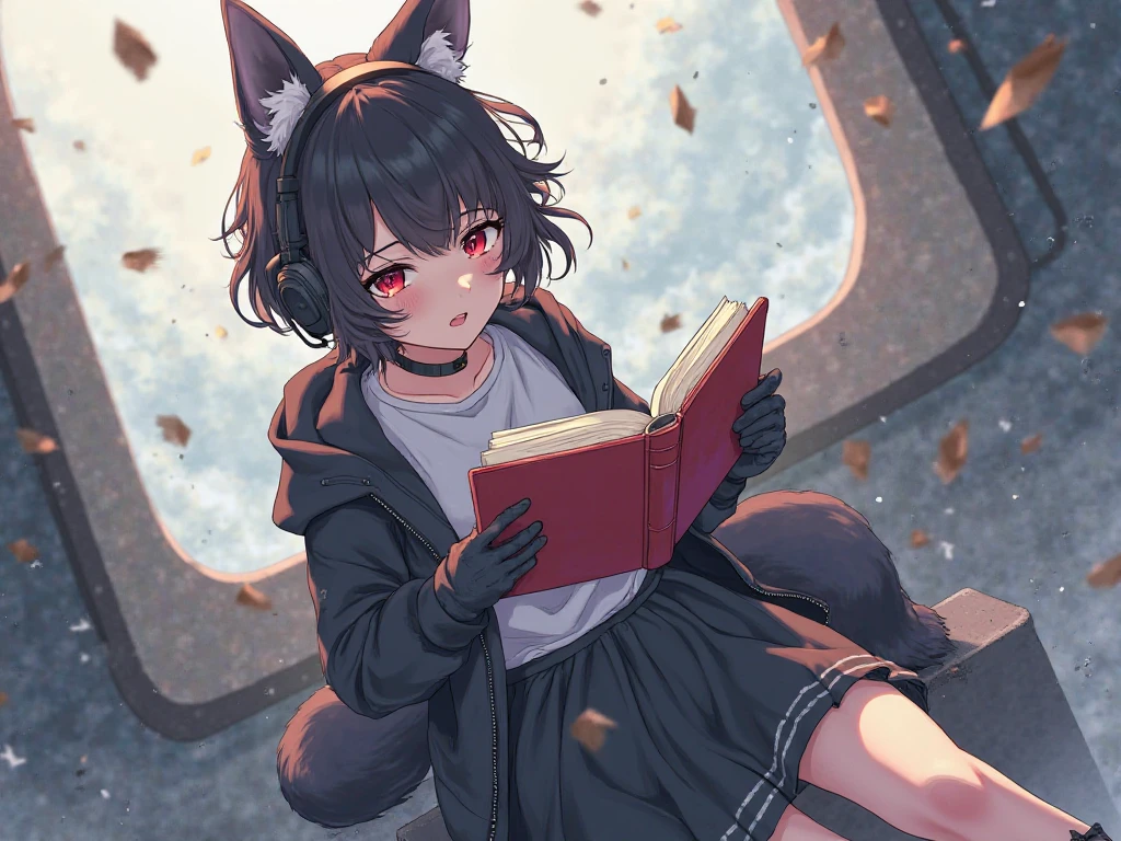 high quality, girl, long hair, dark pupil, glossy eye, detailed eyes, high socks, legs, book, coffee, cat ears, cat, show off thighs, aesthetic lighting, good lighting, realistic lighting, good composition