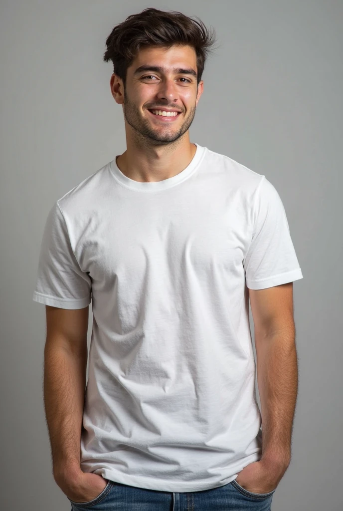 (RAW photo:1.2), a 28 years old white man 180cm 80kg, short brown straight hair wearing white tshirt black trausers on the street ,short beard, best quality, 8k, uhd, photorealistic, textured skin, smile 0.8