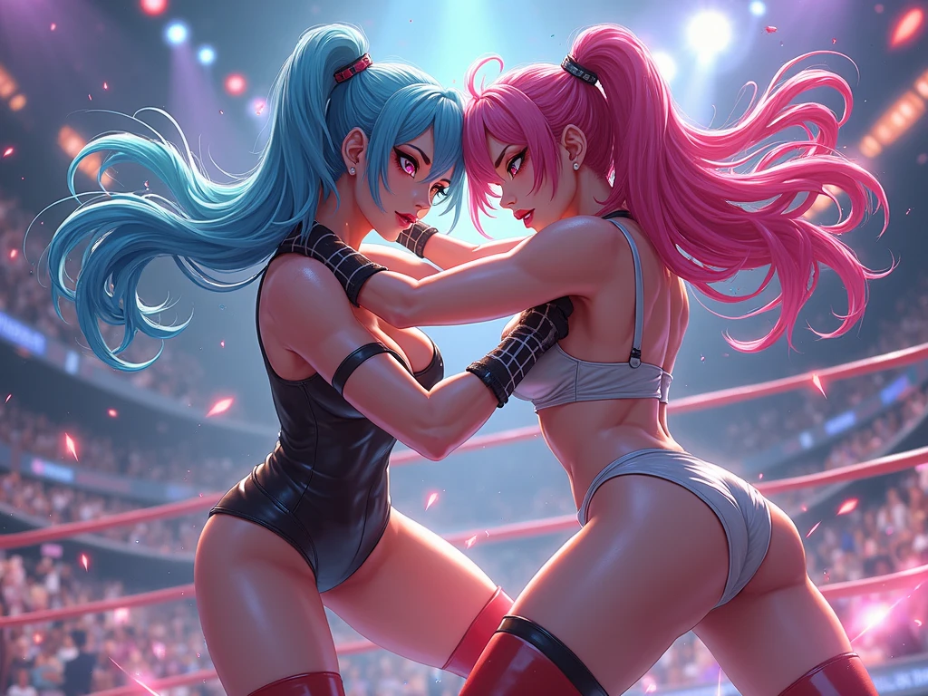 masterpiece, highest quality, (Highly detailed CG Unity 8k wallpaper), (highest quality), (Best illustrations), (Best Shadow), Confused, Realistic lighting, (abyss), Beautiful and delicate shine,victory,Random Pause,((Bare skin wet with sweat,Female professional wrestler)),Cute freckles on the cheeks,Mole under left eye,Hair wet with sweat,Luxuriously decorated wrestling costume,pain,suffering,ring,Plump,Villain wrestler,A female wrestler with blue dyed hair,game,pain,anger,