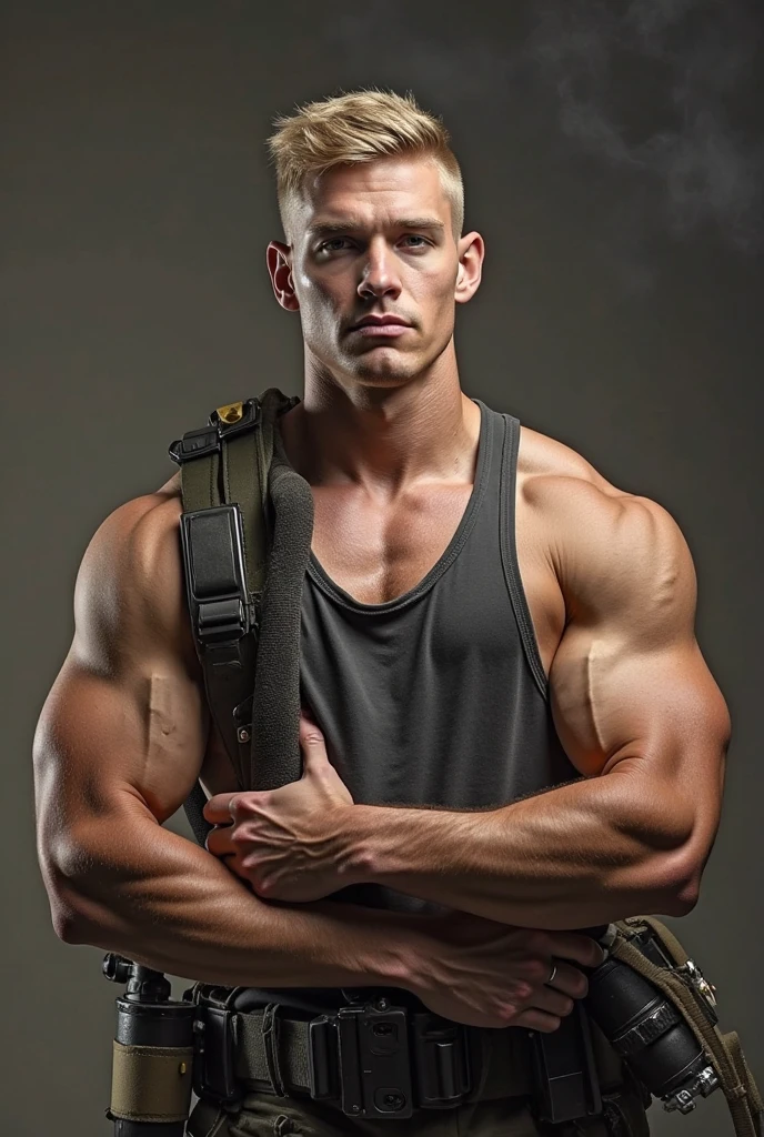 Just one man milo_thatch, tank top, tight pants, looking at the viewer, chest buffed, veiny arms, arms tattoo, glasses, rock wall, realistic, crossed arms, wide shoulders, large pectorals, broad shoulders, big biceps, hairy chest, oppened ziper of pants bulge, pubic hair.
