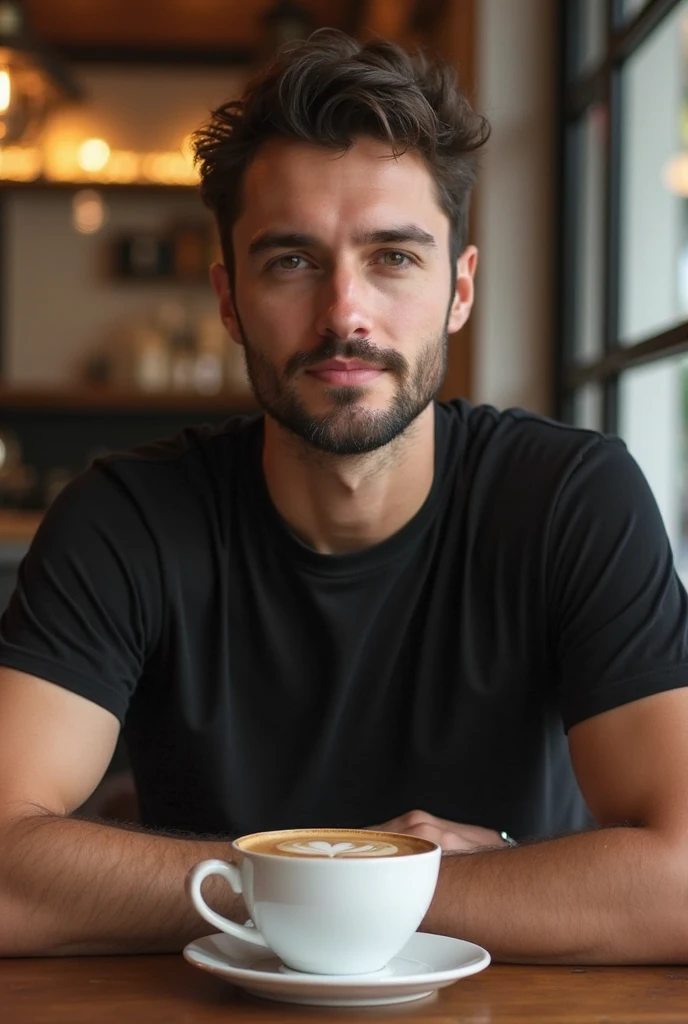 (photorealism:1.2), (8k), (high quality) (detailed), (photorealism:1.2), (8k) (detailed) (Whole body)(man) facial features: Square face with a marked jaw, prominent cheekbones and thick, dark eyebrows. Adds youth to your appearance.hair: hair oscuro, usually combed back or styled slightly tousled, which can vary between short and medium.eyes: eyes verdes oscuros, with a penetrating look that expresses confidence, with cross-shaped hoops on each side.Complexion: slim and well defined. Height 1.80, which gives it an imposing presence.style: Your style of dress: chompa negra, ripped jean pants.Skin tone: Skin tone bronceado, typical of the Mediterranean.Expression: He usually has a serious or concentrated expression., Although he can display a charming and confident smile.(sitting drinking a glass of tea.