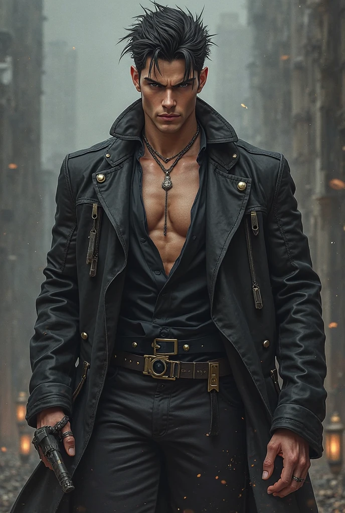 Male,Middle Adulthood,Fit,Strong,Hourglass Body,Average Legs,Wearing a dark, tattered cloak that billows ominously around him, concealing his form in the shadows,His face is weathered and marked by a lifetime of nefarious deeds, with cold, calculating eyes that gleam with malice,His sinister grin reveals rows of sharp, yellowed teeth, sending shivers down the spine of anyone who meets his gaze,His stance is predatory, with a confident swagger that belies his murderous intent, his movements deliberate and methodical as he stalks his prey,Surrounded by a foreboding atmosphere, with dimly lit alleyways and abandoned buildings looming ominously in the background, adding to the sense of impending doom