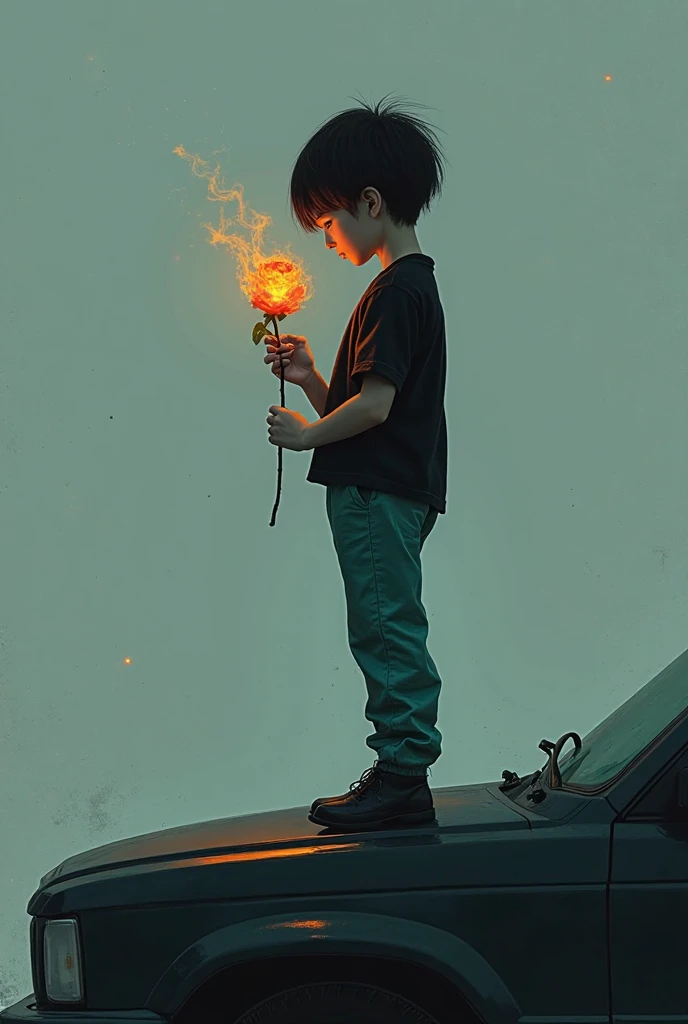 A boy wearing sea green dress pent and black shirt posing on car bonnet holding a fire on rose with two fingers and seeing the flower