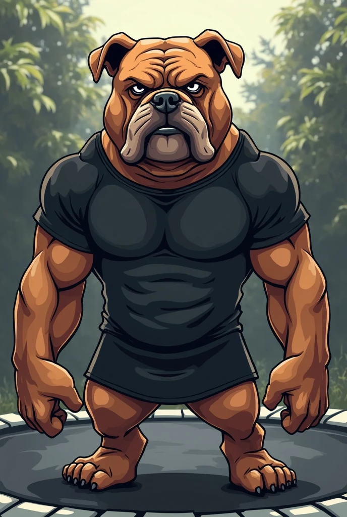 Create an image of a muscular, strong Pug with a gym look and a hateful expression. The Pug should have a well-defined body with visible muscles. Add gym accessories such as a headband and small dumbbells around it. The Pug should have a vibrant red nose, similar to the red nose symbol, and a determined, energetic expression. The background could be a gym with black and white cartoon training equipment, similar to the red nose.