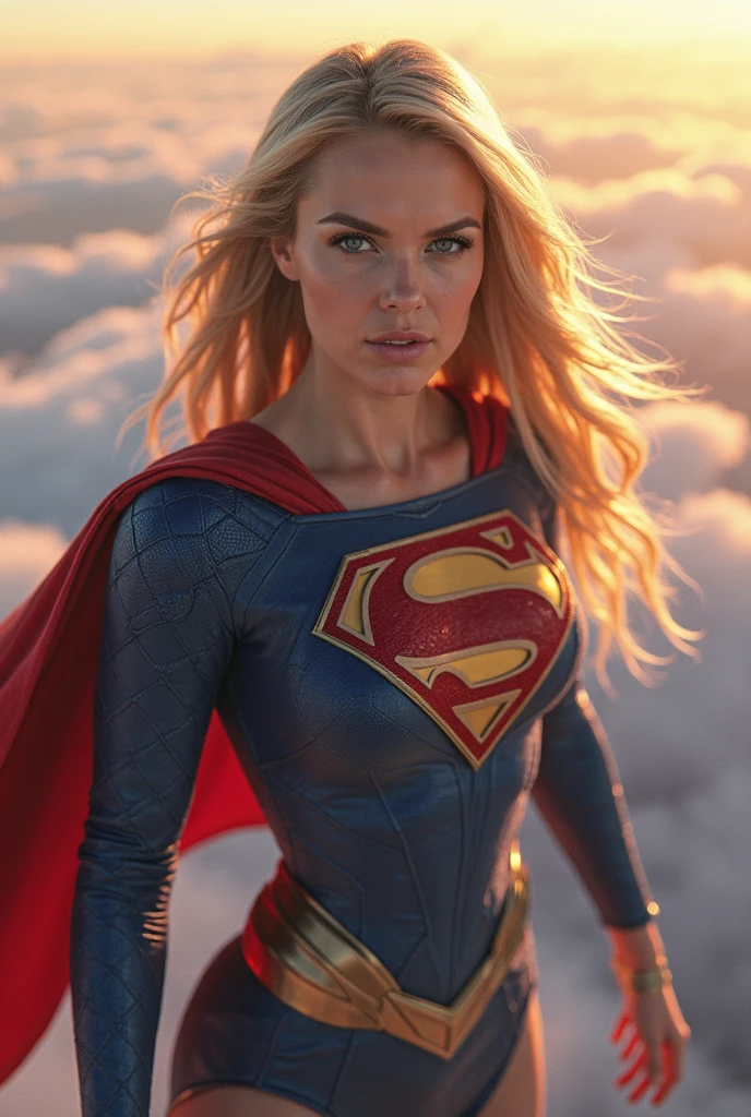 ((highest quality)), ((masterpiece)), (be familiar with), (High definition), (Realistic), (Realistic), (Best Shadow), Low contrast, (Complex:1.4), Side lighting, 8K, ((Helen Slator)), ((SUPER GIRL)), Perfect Face、Detailed、(Accurate hand and finger depiction)、supergirl women、Blonde、strong body、small breasts、Narrow waist、Alluring、glamorous、((Standy looking to the horizon))、night time, buildings, top of buildings, epic scene, epic, strong, super, realism