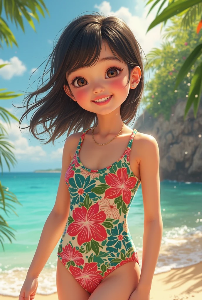 A smiling cute girl with a beach landscape with Brazilian people in the background in the shape of a Disney Disney cartoon