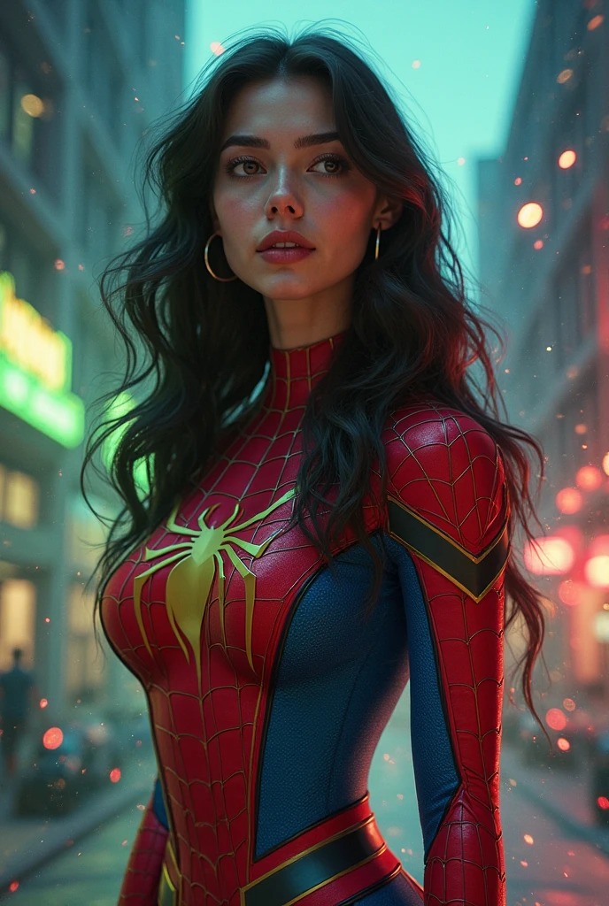 Jessica drew (spider woman) Hanging from the wall by one hand while the other releases a burst of yellow energy beams, gazing at the horizon.