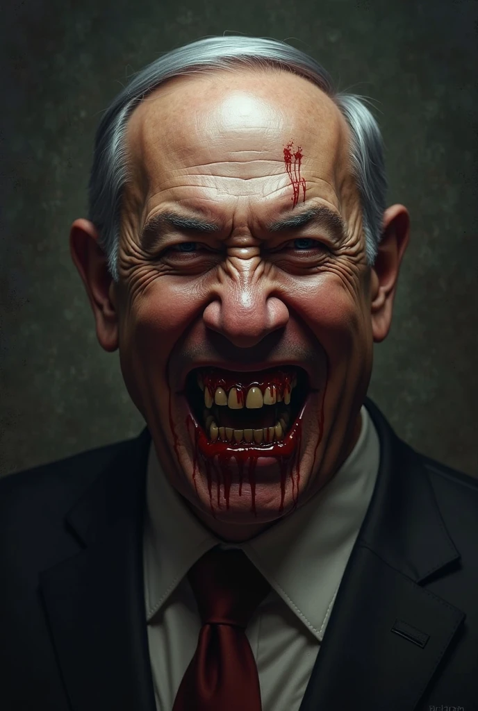 draw me a picture of Benjamin Netanyahu. like blood pouring from his face like a demon