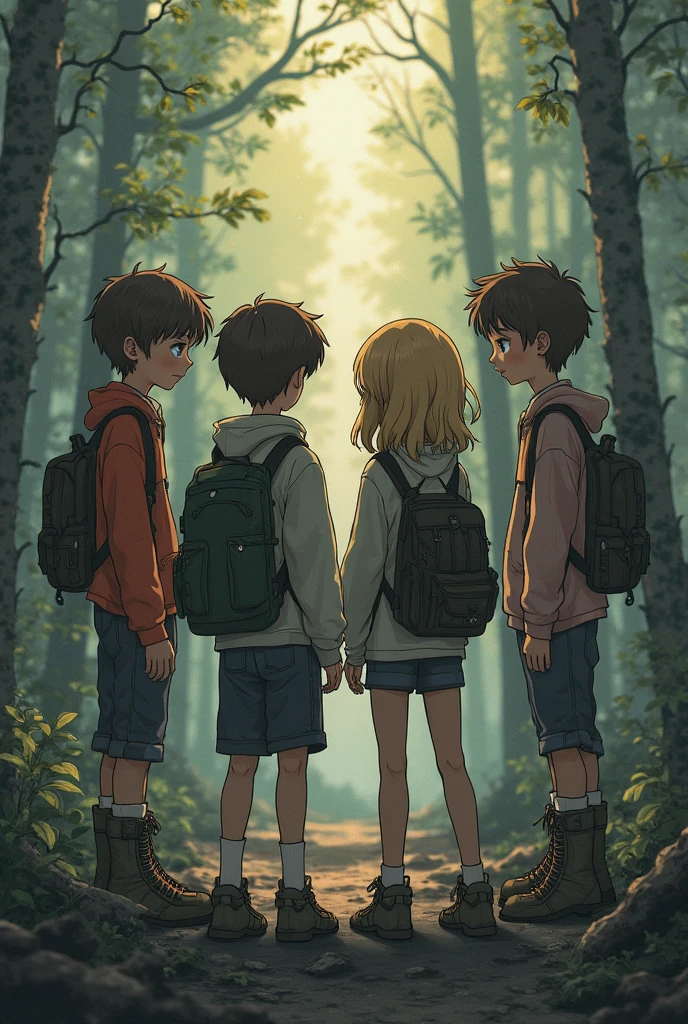 Cartoon boy and girl with backpacks standing next to each other, menino e menina, Cartoon style illustration, children illustration, illustration of children's books, Directed by: Aleksander Gierymski, childrens illustration, illustration for children, illustration of children's books, official illustration, Directed by: Aleksander Kotsis, Directed by: Juan O'Gorman, Directed by: Líviusz Gyulai, childrens, found a bright crack in the trunk of a tree, children's book ilustration style, simples, fofo, luz da arvore.