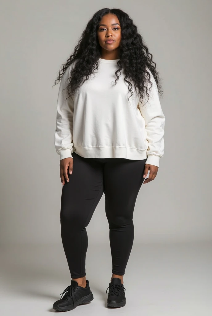 Full body image from head to toe of a woman without being fat with light caramel brown skin and straight black hair in short leggings one size from the waist to the knees that cannot cover from the knees to the ankles in purple and a closed shirt without a neckline with short sleeves without buttons in white , The image must show the entire body from head to toe 