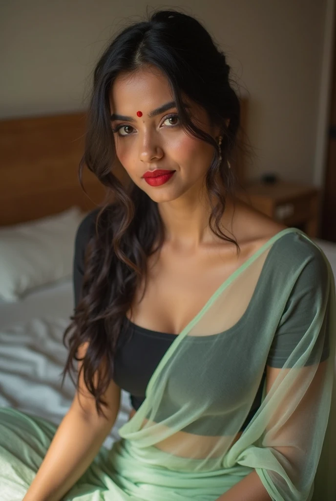 A woman wearing sleeveless churidar sitting on the bed with her arms raised just after waking up
