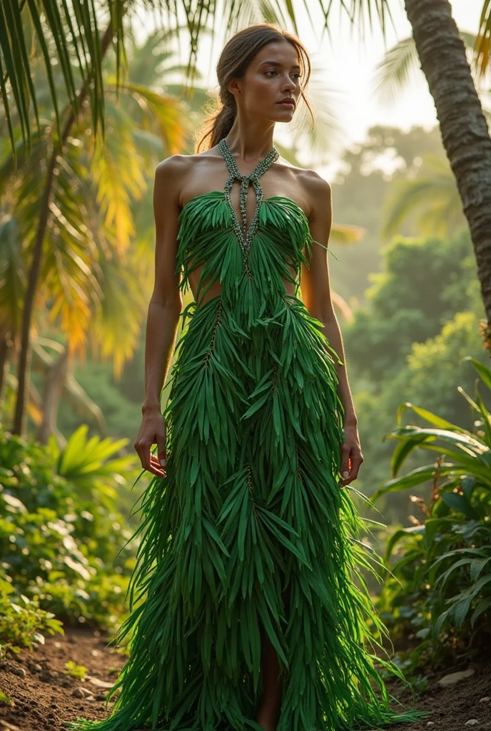 Dress made from natural banana tree leaves, but let them be seen that they are leaves, que se vea aun but realista las hojas, aun but realista, but realista, mucho but realistaa, que se vea aun but realista, que se vea aun but real, but real, that very real real leaves are seen, but real, but real