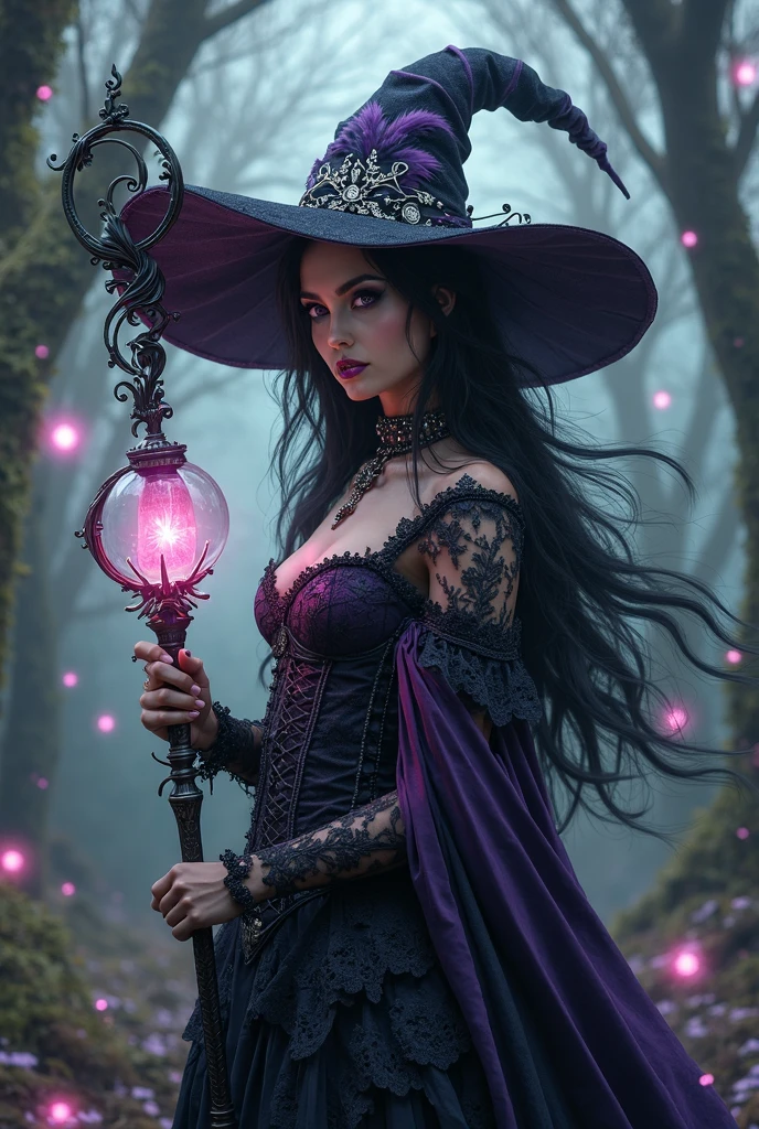 woman with purple makeup and purple hat, Side portrait of the Dark Witch, beautiful female witch, fantasy dark art, digital art fantasy, fantasy portrait, fantasy style portrait, tale of a witch, fantasy woman, beautiful fantasy style portrait, cute face. dark fantasy, gothic fantasy art, fashionable dark witch, glossy digital painting, gorgeous digital art, beautiful sorceress