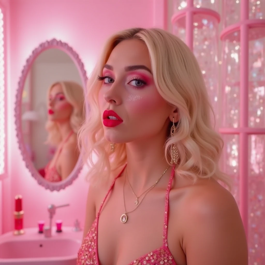 Realistic drag queen takes selfie with mirror where half of her face appears