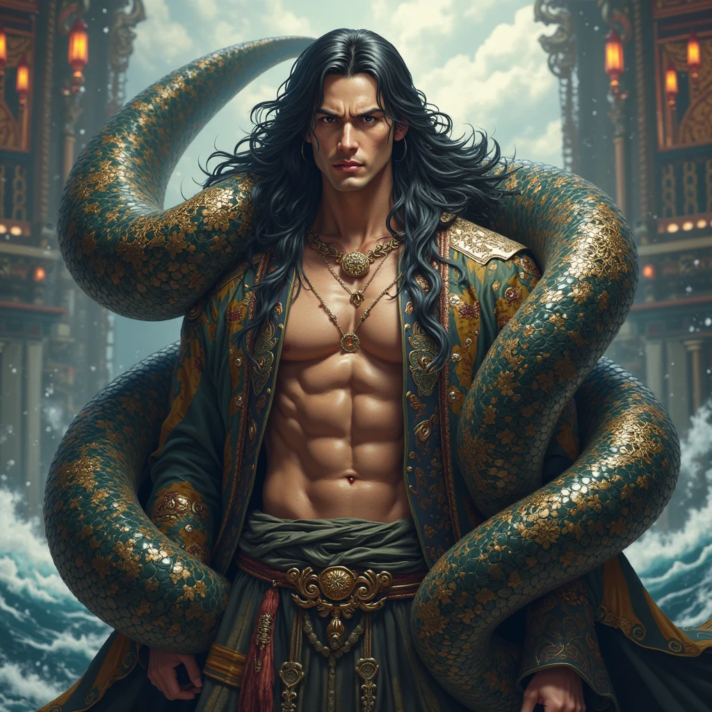 Medusa is a handsome Korean man, six pack, with a black snake body. Greek mythology background.