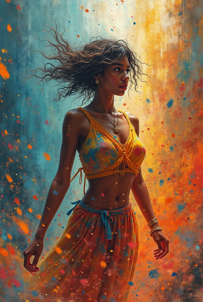 High-quality detailed image of a beautiful girl : (Mestizo: Lineament, Hindu:0,2 : Egyptian:0,3 : Darna:0,25 : Selena Quintanilla Perez:0,25) : pale skin,((Short styled hair)), High facial detail : Realistic : in a T-shirt and shorts, (oil painting:0.75), (headband:0.75),(teal:0.2),(Orange:0.2), (by Jeremy Mann:0.5), (by John Constable:0.1),(Yuriy Arkus:0.5),(acrylic paint:0.75), 8K