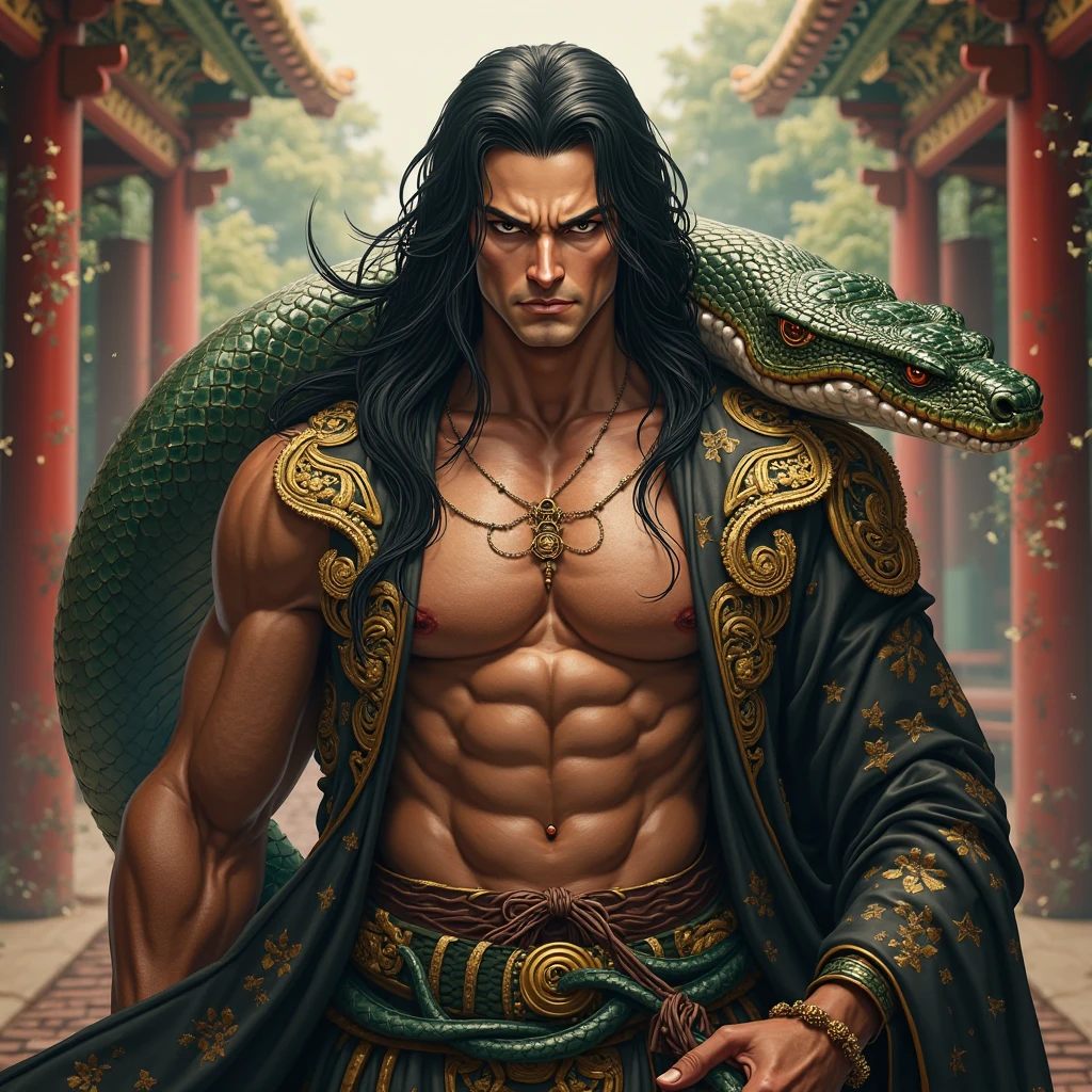 Medusa is a handsome Korean man, six pack, with a black snake body ((no legs)), a man with a half snake body. Greek mythology atmosphere.
