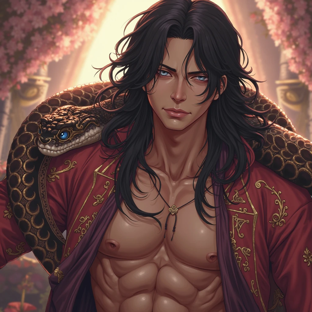 sexy young greek god hades, shirtless, smirking, background the underworld, holding his weapon the bident