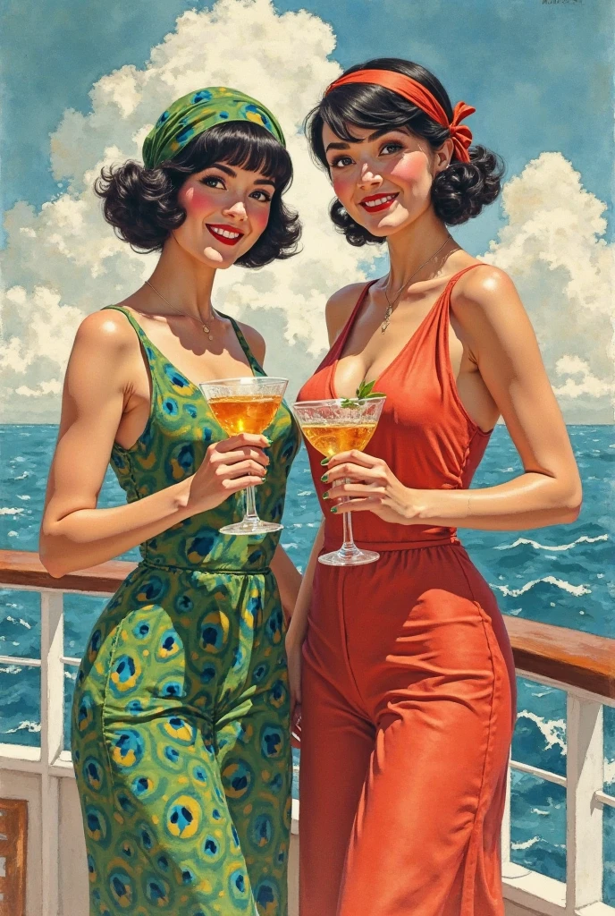 35mm film photography, Joyful, smiling black hair 1 woman pinup posing beautifully smiling on a yacht clear weather summer sky sunny day glare in hands holding a glass of cocktail retro pinup style green swimsuit closed with stripes pinup poses luxury rich life