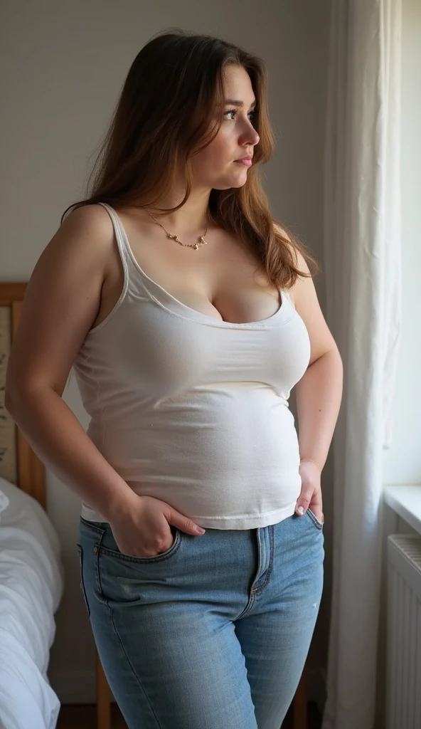 araffed woman in white top and blue jeans sitting on a bed, thicc, beautiful thick female, on my bed, she have a beautiful legs, thick body, soft curvy shape, angelawhite, curvy model, laying back on the bed, beautiful curves, beautiful curvy female, on the bed, sitting on her bed