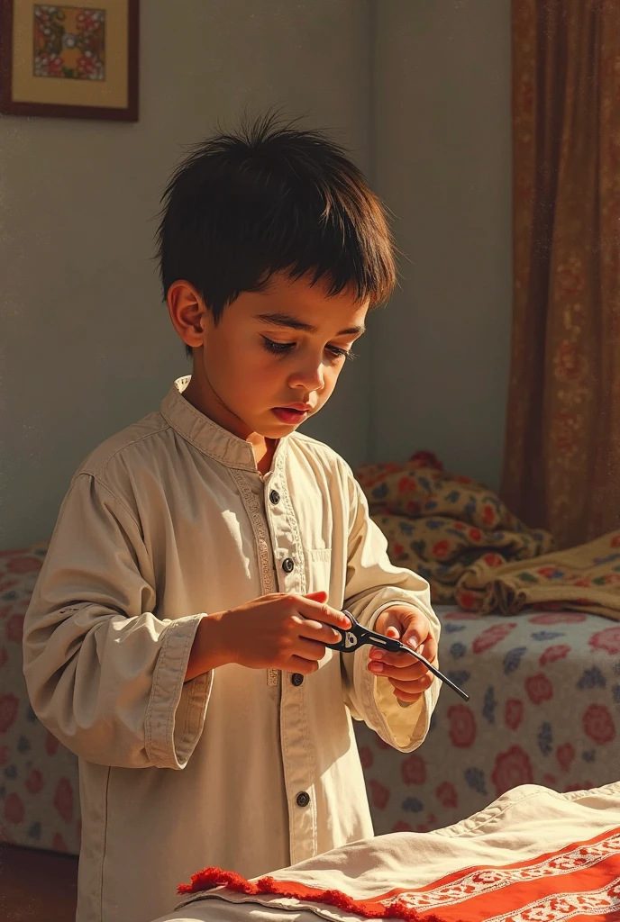 One indian boy is writing on a white paper with empty ink pen and he's writing concentrately