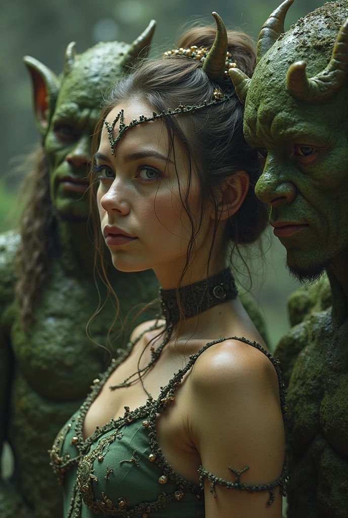 A fantasy female alien, detailed face, angry expression, crown on head, green body armor, light red skin, abandoned castle background, (best quality,4k,8k,highres,masterpiece:1.2),ultra-detailed,(realistic,photorealistic,photo-realistic:1.37),fantasy,cinematic lighting,vibrant colors,dramatic composition