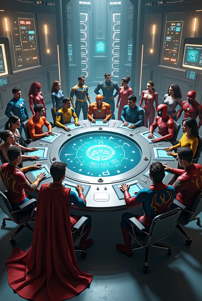 A futuristic Avengers' briefing room with high-tech holographic displays. The Avengers (Iron Man, Captain America, Thor, Black Widow) are gathered around a central table. A holographic message from Lord Zarnak is projected in the center, casting a dramatic glow. The room is sleek, with metallic surfaces and advanced technology
