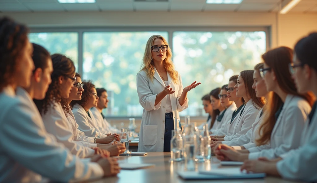 Professor wearing a lab coat inside a laboratory giving instructions to her students who also have lab coats and who are sitting around her paying close attention