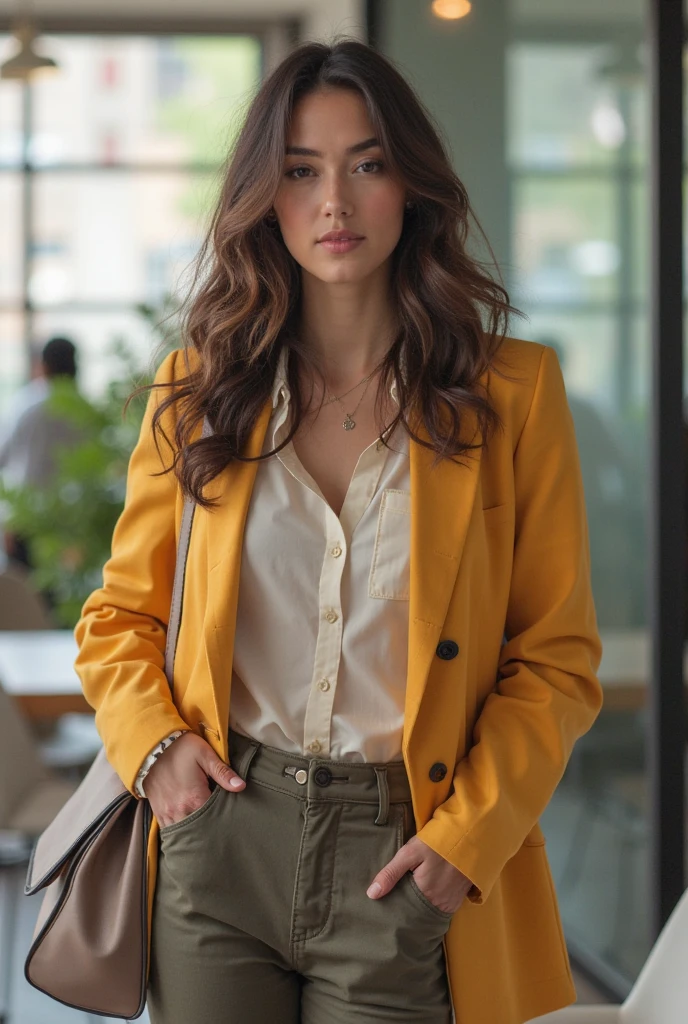 pixar style poster of a 26 year old girl with brown hair,long,clear brown eyes,dressed in a yellow American suit, cabello rizado long