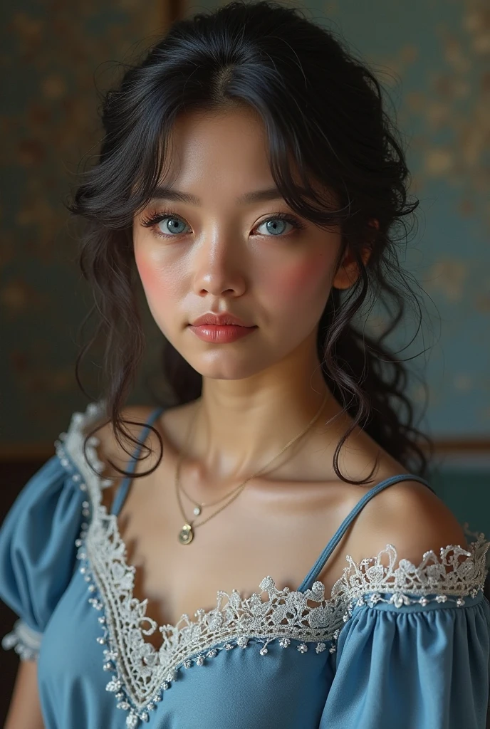 35mm film, solo, makeup, ((blue eyes)), small tits, (red dress), princess dress, red silk, jewelry, gold looking at viewer, upper body, epiCPhoto, focus on face, close to viewer, intricate lines, wooden living room, sharp magnificent details, delicate features, elaborate details, beautiful girl, black hair, (((long hair))) 1girl, ((upper body)) (Acne), ((natural lighting))