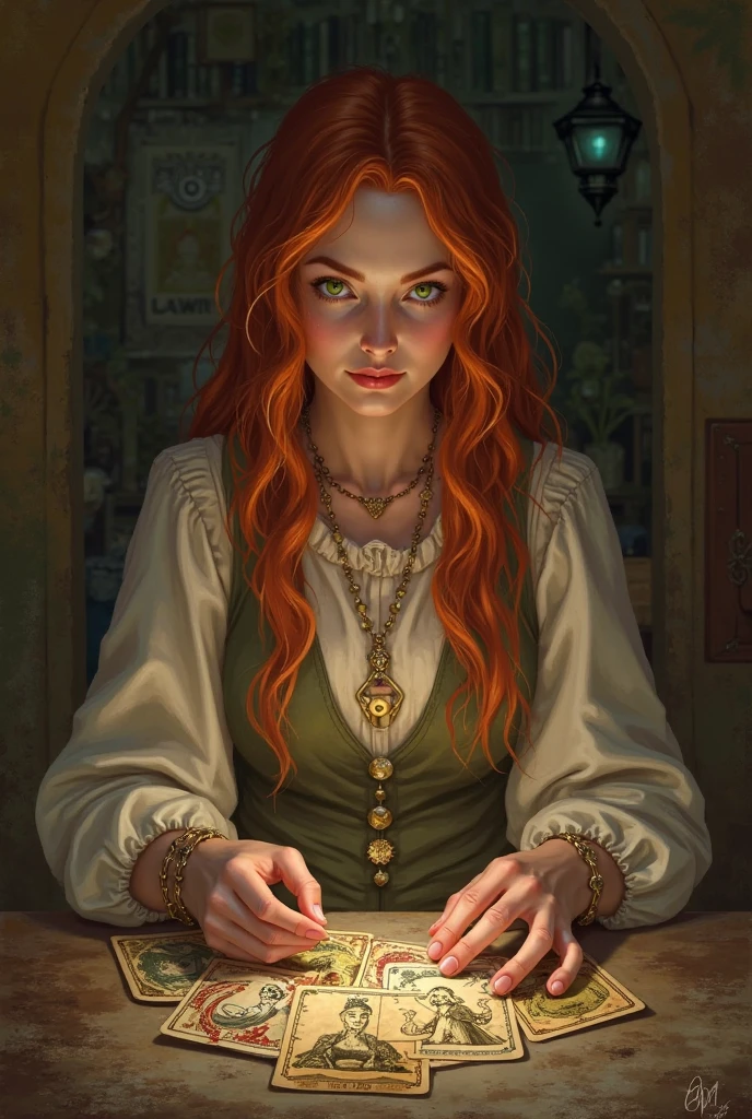 A woman, (((solo))), (young woman, 21 years old, white skin, red hair with ponytail, brown eyes), (wears a comfortable black dress, with a necklace with a light blue gem), (she is studying arcane magic sitting in a chair in a candlelit writing), mage RPG