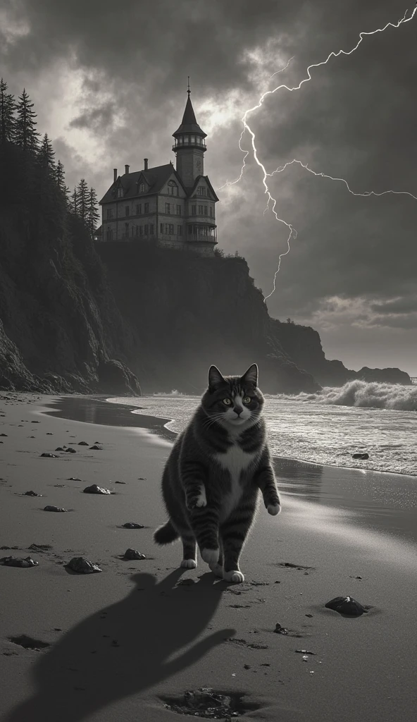 A giant cat stalks and eats a bikini clad woman, beach by moonlight, horror, at plays with prey