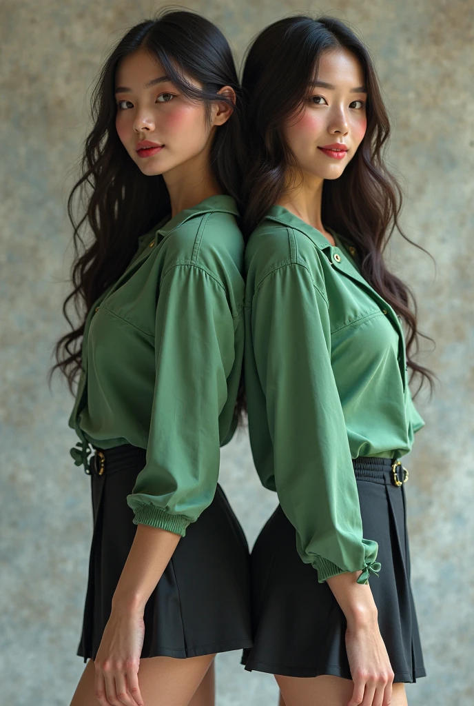 (Masterpiece:1.3), (8K, Photorealistic, RAW photo, Best quality: 1.4), (1girll), Beautiful face, (Realistic face), Short black shoulder-length hair, Nice hairstyle,photorealistic eye,Nice detail eyes,(Realistic skin),Beautiful skins,absurd res,enticing,超高分辨率,Ultra photo realsisim,The is very detailed,the golden ratio,Light green long sleeved stand up collar shirt,Dark green straight-leg pants,Black shoes,Small chest,upperbody closeup