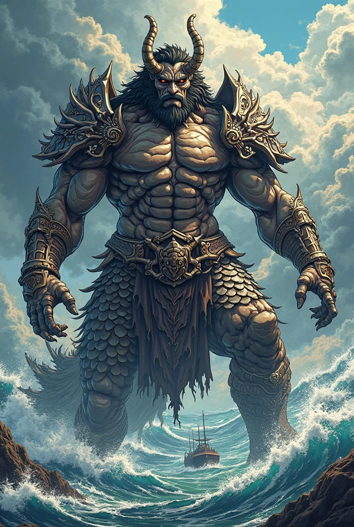 (extremely detailed CG unity 8k wallpaper, masterpiece, best quality, ultra-detailed), best lighting, best shadow (very strong, giant, muscular God Poseidon wearing battle armor), fierce, wild expression, coming out of the ocean, gushing water, volumetric lighting.