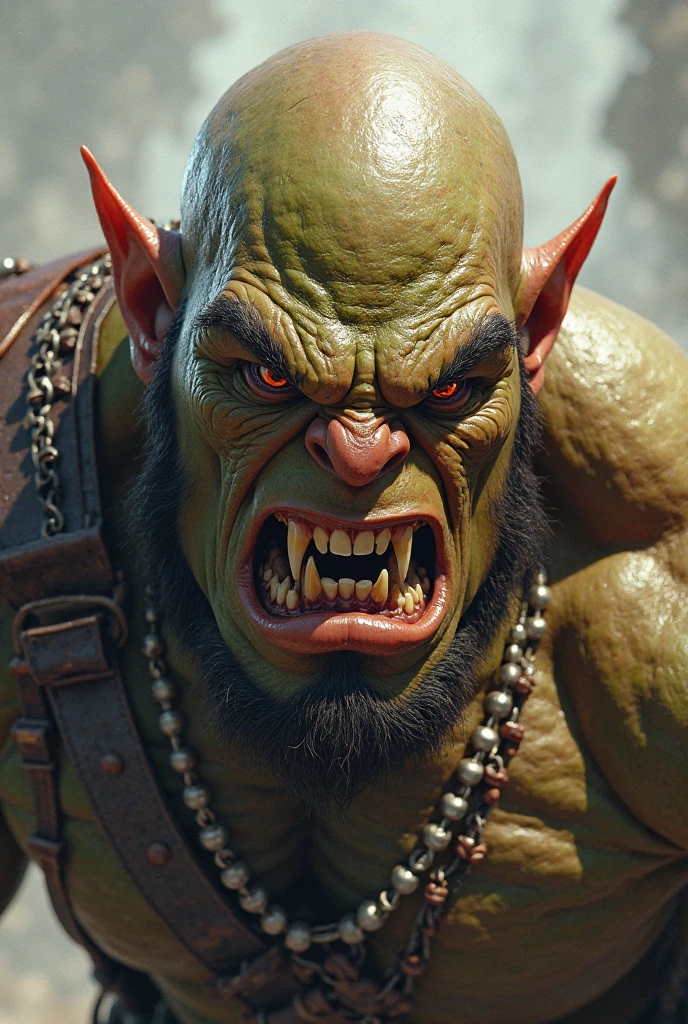 a realistic portrait of a green orc with the characteristic face of orcs in classic rpgs, on a claustrophobic street, (best quality,4k,8k,highres,masterpiece:1.2),ultra-detailed,(realistic,photorealistic,photo-realistic:1.37),extremely detailed face and eyes,highly detailed skin texture,extremely detailed orcs features,(orc:1.5),dark lighting,moody atmosphere,gritty urban environment,narrow alley,cinematic composition,(fantasy,dark fantasy:1.3),cinematic lighting,dramatic shadows,muted color palette,strong chiaroscuro