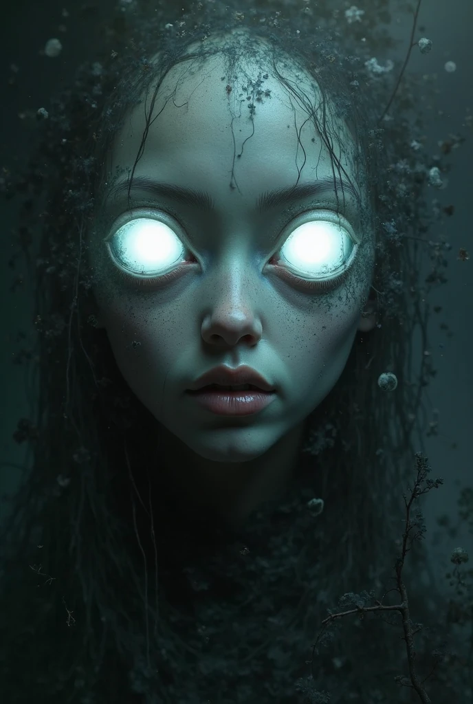 Depressed girl、Long black hair、Small Nose、Skinny body、Glowing white eyes、Thin lips、Inpatients、Upper Body、Close-up、Real、Bottom of a decaying well、