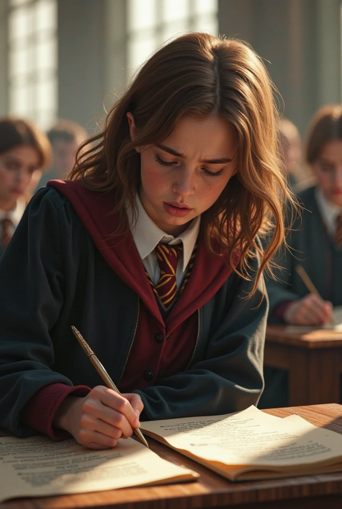 Create an incredibly detailed and accurate portrait of Hermione Granger. Capture her in a moment of deep concentration, perhaps during a study session in the Hogwarts library. Hermione should be depicted with her characteristic bushy hair, intelligent eyes, and a determined expression. She is wearing her Hogwarts uniform, with a Gryffindor scarf draped around her shoulders. Surround her with stacks of ancient, magical books, parchment, and quills, adding a touch of enchantment with softly glowing runes on some of the books. The background should hint at the grand architecture of the Hogwarts library, with towering bookshelves and stained glass windows. Use a warm, inviting color palette to convey the cozy, magical atmosphere. The entire image should evoke a sense of admiration for Hermione's intellect and dedication, blending realism with the magical elements of the Wizarding World to create a truly captivating and unique portrait.