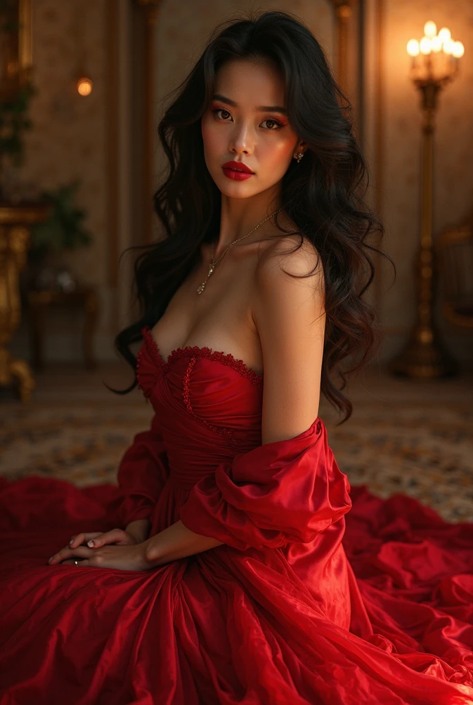 A photo of the character standing in front of a beautiful painting at an art exhibition.,original,She has long, ebony black hair with purple streaks and red tips, icy blue eyes "like limpid tears" (even when they've mysteriously turned red), and she only wears clothing from Hot Topic.