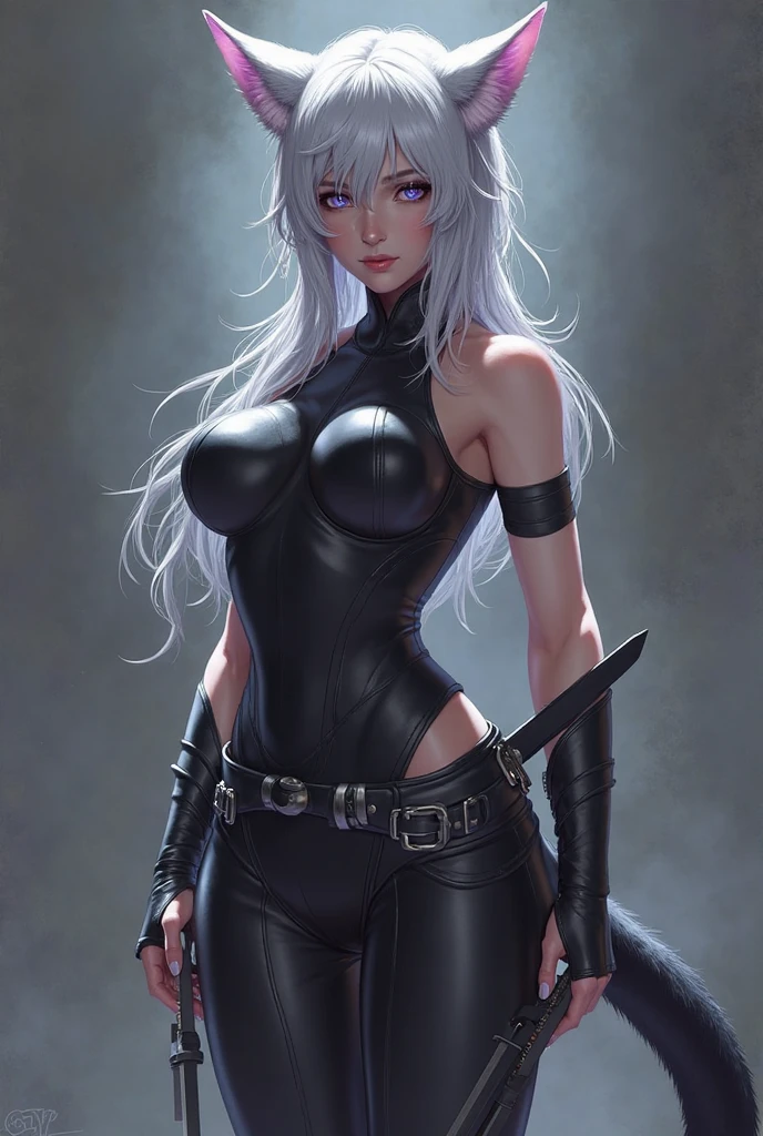 Cassandra, a tall and lithe young woman with an athletic build and flawless pale skin, possesses striking gray eyes and an abundance of white hair, meticulously braided into a high ponytail adorned with numerous small braids. Two lengthy locks cascade down her face, framing an asymmetrical fringe that drapes over her left eye.
Dressed in a form-fitting dark gray shirt, Cassandra's toned physique is accentuated by the fabric. black leather gloves encase her hands, while a dark belt cinches her waist, serving as a secure foundation for her essential belongings: a purse and dagger. Her lower body is clad