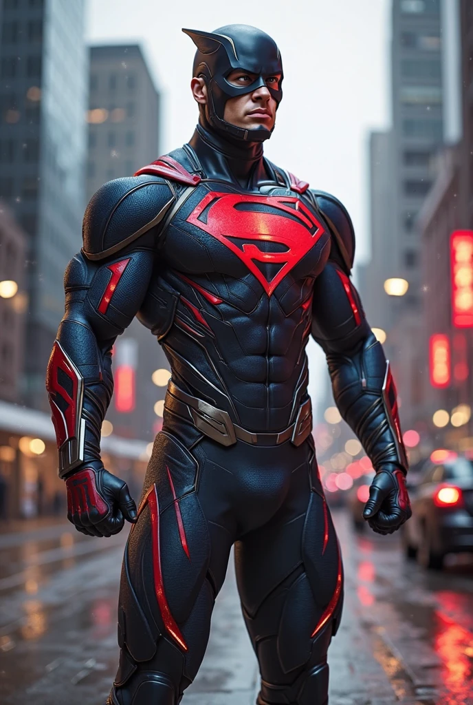 superman version power ranger ultra realism with the helmet facing forward and with diamonds on his neck and an pistol in his hand smiling at the camera