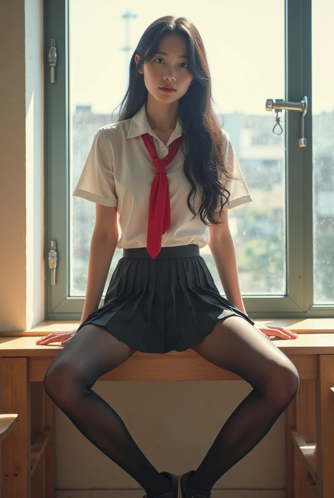 (8k、RAW Photos、Highest quality、masterpiece:1.2)、(Realistic、Realistic)、1 girl、Megumin、(((Maid clothes,Black pleated skirt,Black socks))) 、Twin tails, Twin Loop Hair、Small breasts、classroom、I sat on a chair、Front view、(Open your legs to the side:1.6)、White silk panties))、Lots of eyelashes、Add shine to your eyelids、skeletally correct、Showing off panties、Spread your legs out to the side、Panty shot、sexy、(Panties close up:1.0)、Skirt Lift、Roll up your skirt、(M-shaped legs:1.5))、Visible nipples、Showing off nipples