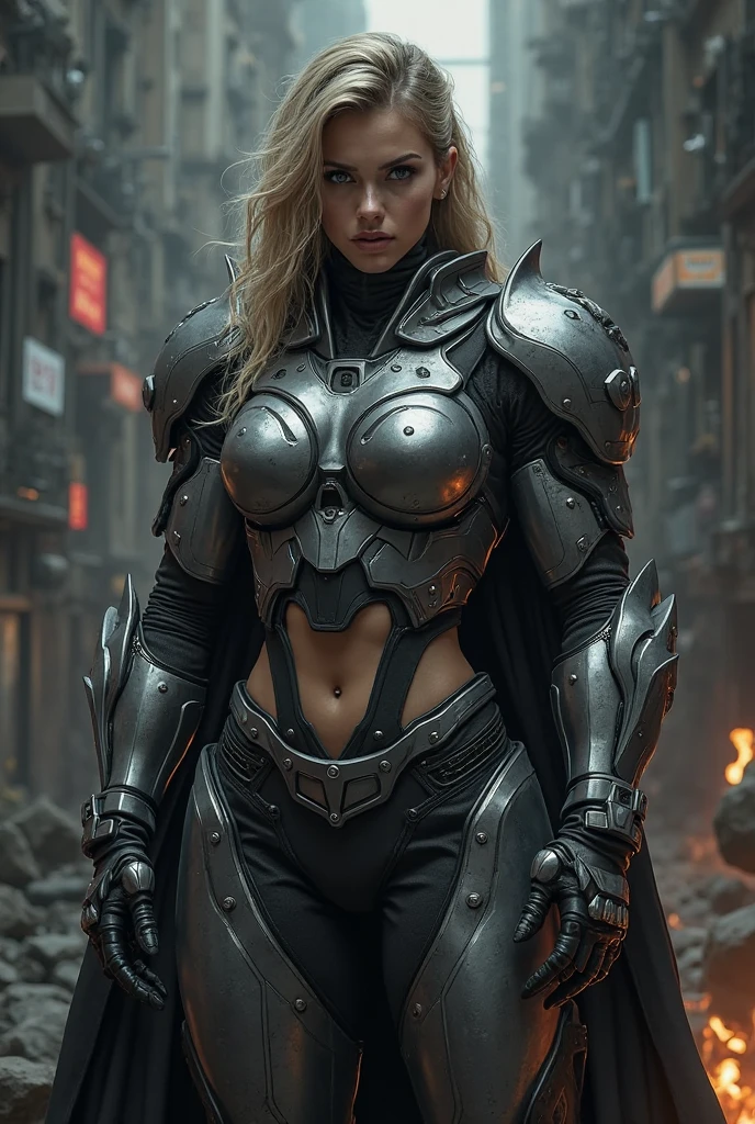 action dynamic full body shot of an ultra hot gorgeous woman, age 23, she’s a playmate, men magazine model, in futuristic armor, grey hair, grey eyes, fearsome gaze, (amidst her army:1.3), bokeh