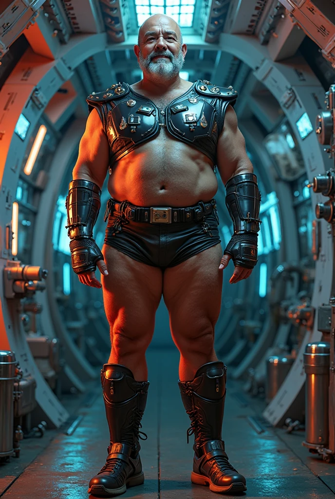 full body portrait, strong burly hairy mature older man(space captain), wearing futuristic captain's uniform insignia (neon and black) (open and revealing) (latex) , gray hair, broad shoulders, round belly, bulging micro thong, scifi spaceship captain uniform, neon lights, best quality elegant masterpiece, military buzzcut, dark mustache, gray stubble, latex, wearing a latex thong, big bulging crotch, futuristic gear equipment, wearing see through plastic chest armor (neon yellow and electric blue), wearing neon yellow see through chest armor, wearing electric blue latex chaps(see-through) , wearing cool neon sneakers,in spaceship cockpit, lying in spaceship sleeping quarters(bed) (view from above), smiling with teeth showing, nicebulge, waiting in bed, glowing armor, legs up(!) and spread(!) , big muscle ass, wet and dripping ass, hairy pecs, thick long legs, silver hair
