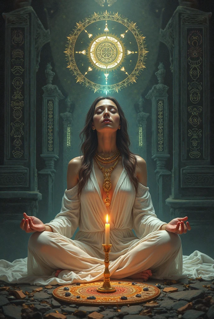 Woman practicing law of attraction, spiritual lighting, orar meditando, emanando magia de suas palmas, Practicing Law of Attraction, editing, background is celestial, divine vibes, spiritual vibes, misticismo, divine cosmic female power, holistic medicine advertisement, channeling mystical energy, advertising photo, celestial