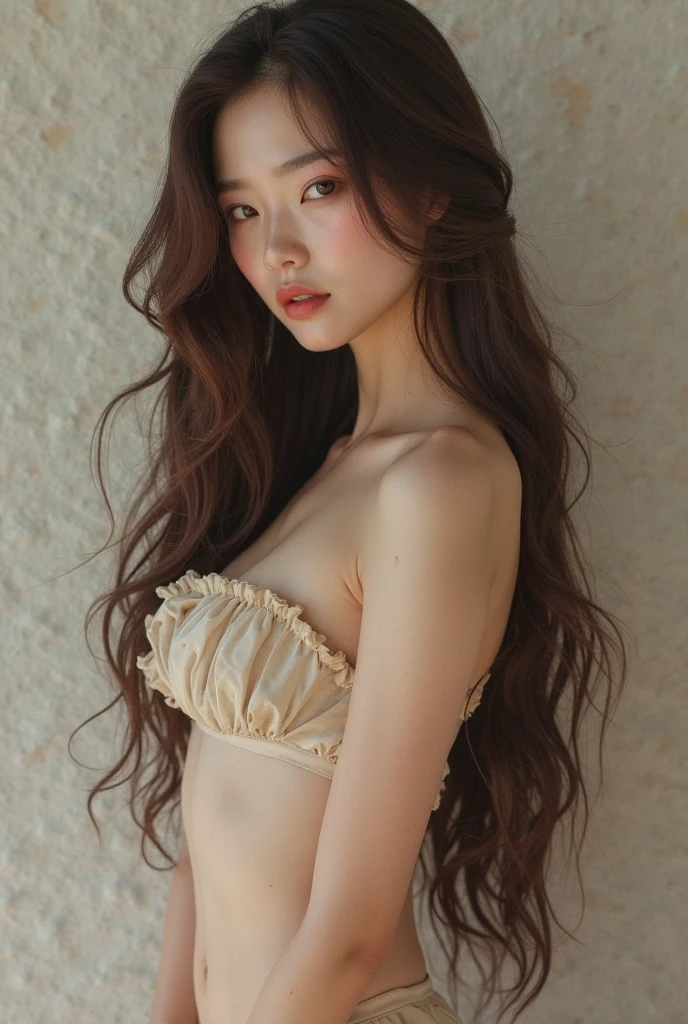 Beautiful woman with perfect body：1.4，Prominent cleavage，Layered Hairstyle，Highly detailed face and skin textures，Double eyelids，Skin Whitening，Long hair，Whitened long legs，（Red tube top，necklace），Standing by the sea，Half-length photo