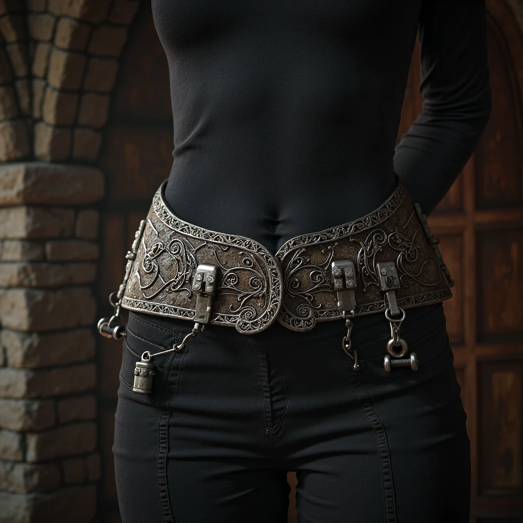 The chastity belt on the woman's body is a visual representation of her inner power and control, a reminder of her ability to protect herself and her desires.