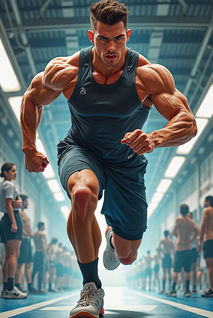 (masterpiece, best quality, absurd), 1man, muscular, eyes closed, running to the camera, full body, illustration, (two-tone background, ), bloody body