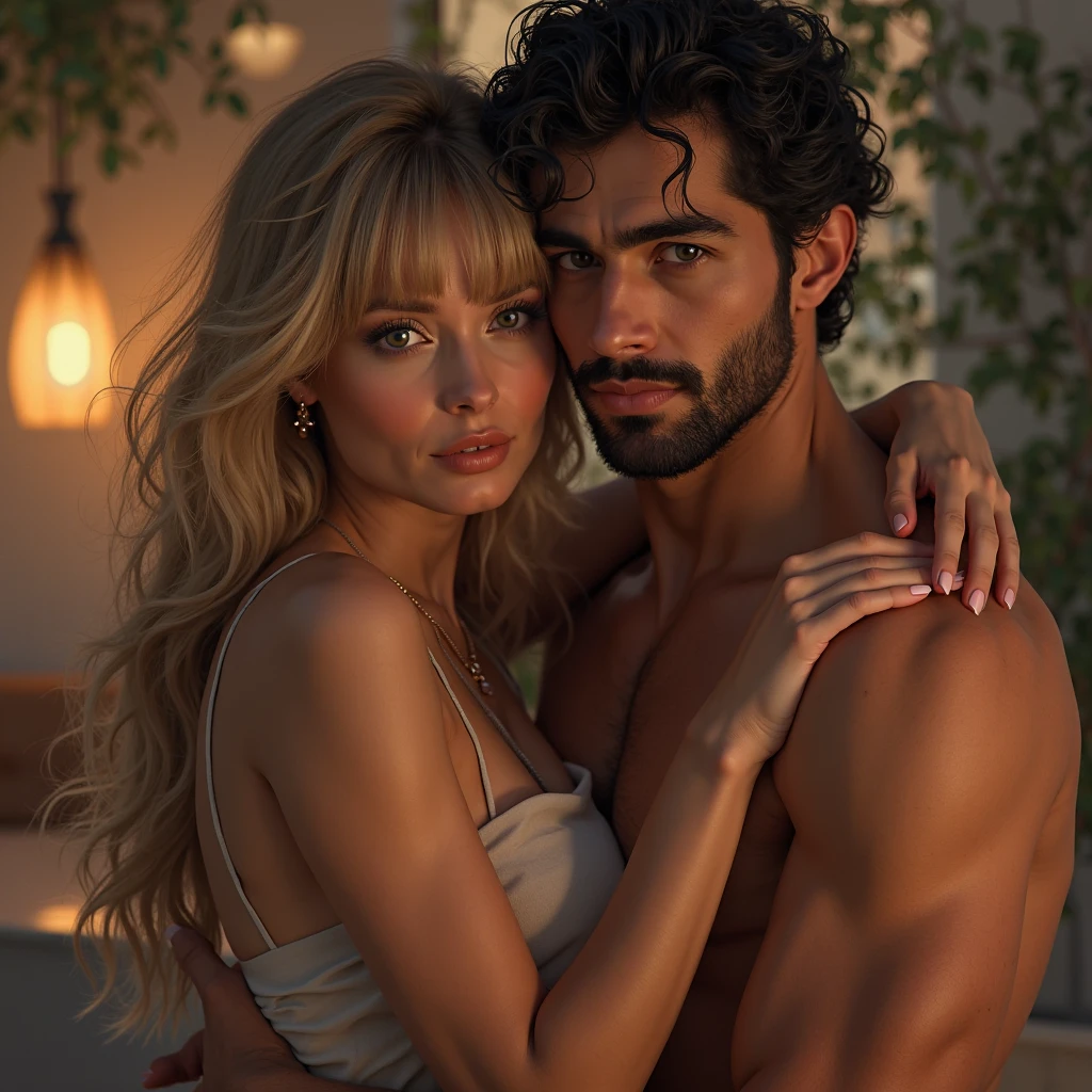 ((mejor calidad, 4k, 8k)), ((obra maestra)), (detallado), perfect face older blonde woman of 49 years old next to a young latin man of 35 years old with shaved head